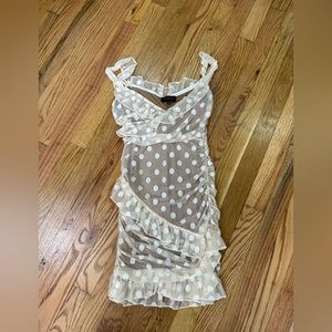 Majorelle White + Taupe Polka Dot Off Shoulder Dress